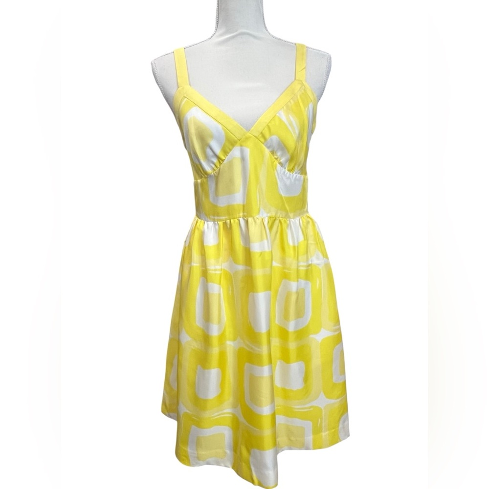 Banana Republic Y2K Silk Yellow Geometric Fit Flare Sundress Size 4 - Picture 2 of 11
